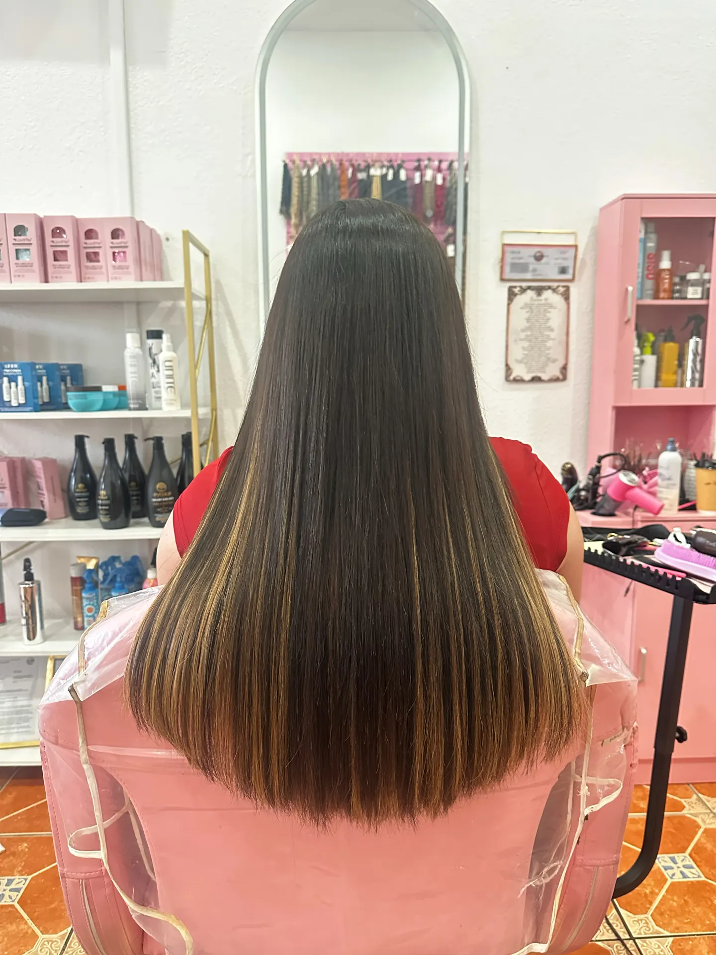 Long dark hair after nano-tip extensions