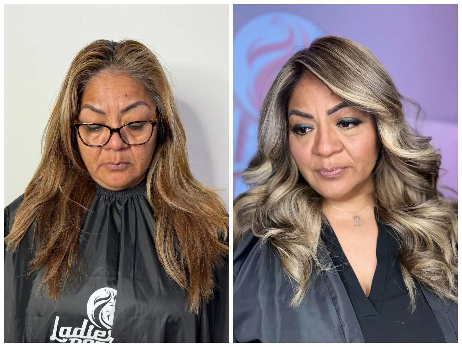 Blonde highlights on dark hair before and after, side by side
